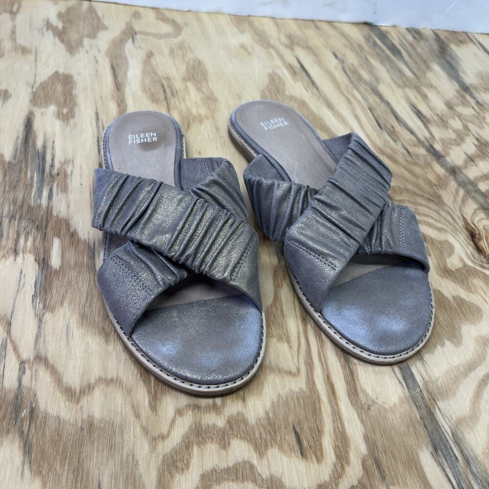 Eileen Fisher Suede Leather Criss Cross Ruched Slides Sandals Size 10 Gold